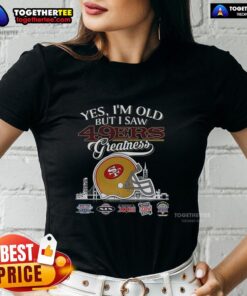 Alt Text: San Francisco 49ers greatness ladies tee featuring Super Bowl helmet and skyline design, perfect for fans.