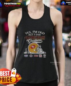Alt Text: San Francisco 49ers Super Bowl helmet skyline tank top design, celebrating vintage football greatness and team spirit.