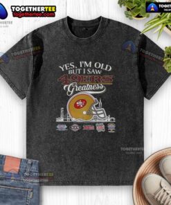 Vintage San Francisco 49ers Super Bowl helmet graphic on a washed t-shirt with city skyline design, perfect for fans.