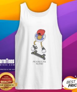 Stylish Nice Moonstone Island skateboarding tank top displayed on a wooden background, perfect for summer activities.