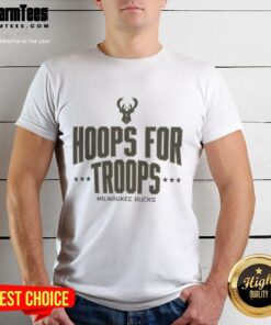 Alt Text: Awesome Hoops For Troops Milwaukee Bucks Basketball T-Shirt showcasing team colors and logo in a stylish design.