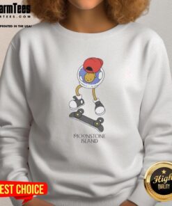 Nice Moonstone Island skateboarding sweatshirt displayed on a rustic background, showcasing its vibrant design and cozy fit.