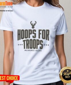 Alt Text: Awesome Hoops For Troops Milwaukee Bucks basketball ladies tee showcasing team spirit and style.