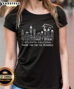 Awesome Atlanta Falcons Football ladies tee featuring skyline design and player name, perfect for fans and memories.