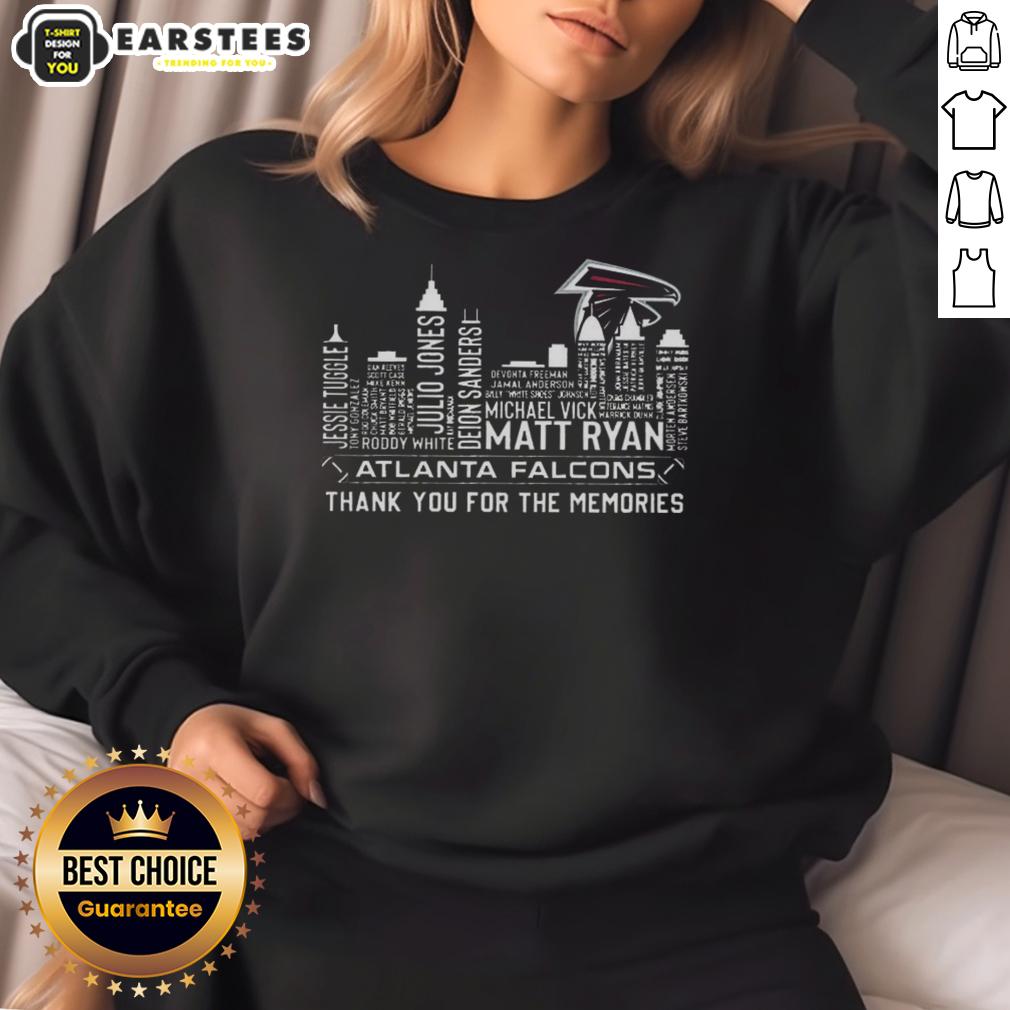 awesome-atlanta-falcons-football-thank-you-for-the-memories-name-player-skyline-sweatshirt Atlanta Falcons sweatshirt featuring skyline design and player name, celebrating football memories and team spirit.