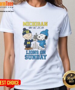 Awesome Charlie Brown Michigan Wolverines tee for ladies, featuring Snoopy and Detroit Lions, perfect for game day style.