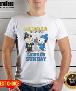 Charlie Brown Michigan Wolverines Saturday T-Shirt and Snoopy Detroit Lions Sunday Tee, perfect for sports fans.
