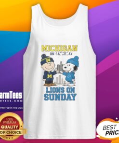 Awesome Charlie Brown tank top featuring Michigan Wolverines for Saturday and Snoopy with Detroit Lions for Sunday.