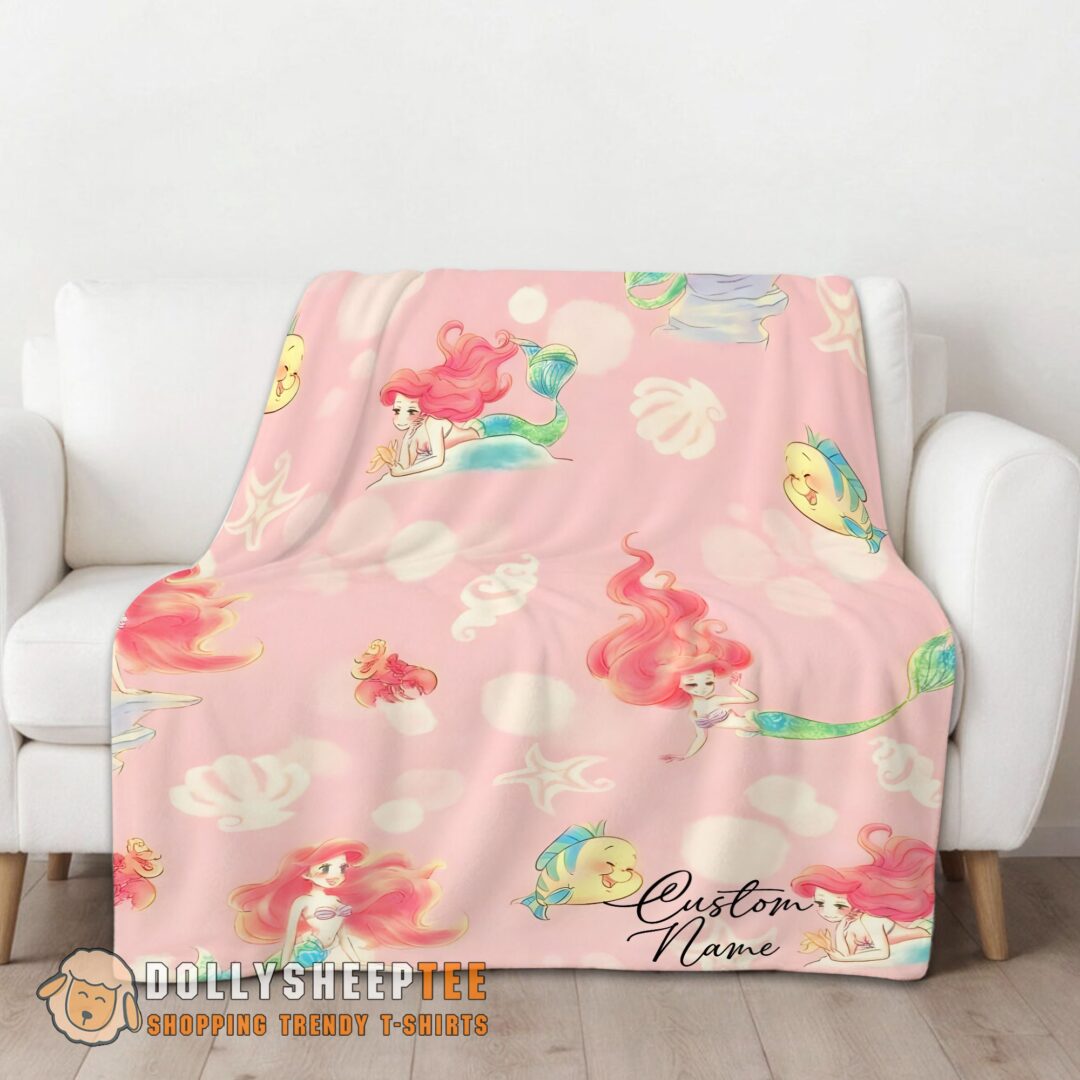 Awesome Disney The Little Mermaid & Flounder Delicate Watercolor Blanket Fleece Customized Blanket-mk-01 (1)