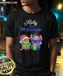 Alt Text: Awesome Grinch and Stitch X Kroger Merry Christmas T-Shirt featuring colorful festive graphics and cheerful holiday design.