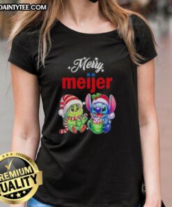 Awesome Grinch and Stitch X Meijer Merry Christmas Ladies Tee featuring festive designs for holiday cheer.