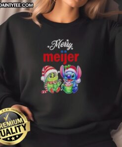 Awesome Grinch and Stitch X Meijer Merry Christmas sweatshirt featuring festive designs for holiday cheer.