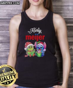 Awesome Grinch and Stitch X Meijer Merry Christmas tank top featuring festive designs perfect for holiday celebrations.