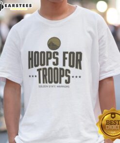 Alt Text: Awesome Hoops For Troops Golden State Warriors Basketball T-Shirt featuring team logo and vibrant design.