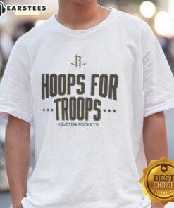 Alt Text: Awesome Hoops For Troops Houston Rockets Basketball T-Shirt featuring team logo and vibrant design.