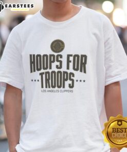 Awesome Hoops For Troops LA Clippers basketball t-shirt featuring team colors and logo, perfect for fans and supporters.