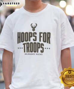 Awesome Hoops For Troops Milwaukee Bucks Basketball T-Shirt featuring team colors and logo, perfect for fans and supporters.