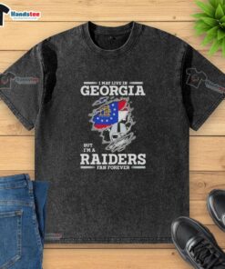 Awesome washed t-shirt featuring 'I may live in Georgia but I'm a Raiders fan forever' design, perfect for NFL fans.
