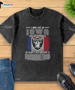 Alt Text: Awesome washed t-shirt showcasing pride for Raiders, perfect for game day in Iowa.