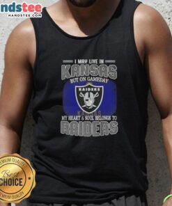 Raiders tank top design with 'I May Live in Kansas, But My Heart Belongs to Raiders' text, perfect for game day.