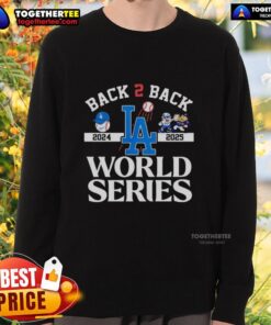 Stylish Los Angeles Dodgers sweatshirt celebrating back-to-back World Series wins in 2024 and 2025.