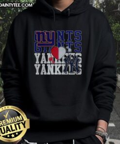 Alt Text: Stylish hoodie featuring the New York Giants NFL and New York Yankees MLB logos, perfect for sports lovers.