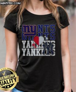 Alt Text: Stylish ladies tee featuring New York Giants NFL and New York Yankees MLB logos, perfect for sport lovers.