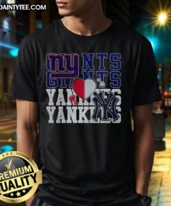Alt Text: Awesome New York Giants NFL and New York Yankees MLB sport lover T-shirt featuring team logos and vibrant design.