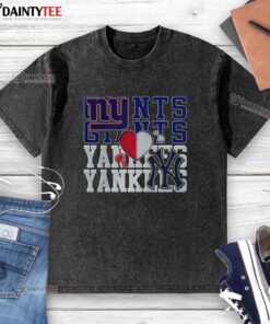 Alt Text: Awesome New York Giants NFL and New York Yankees MLB sport lover washed t-shirt featuring team logos and vibrant colors.
