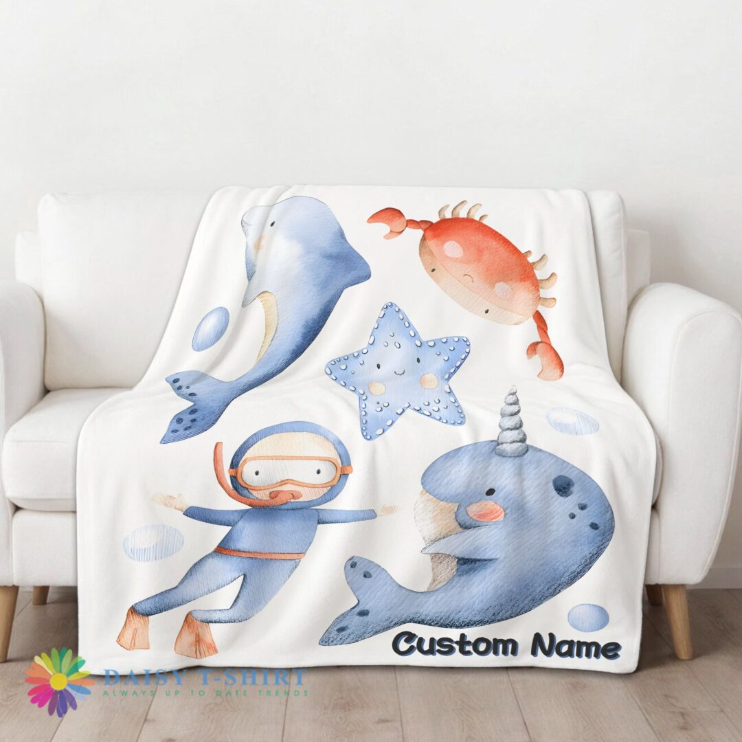Awesome Official Sea's Treasures Narwhal Dolphin Crab Starfish Scuba Divers Blanket Fleece Customized Blanket-mk-01 (1)