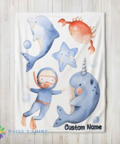 Awesome Official Sea’s Treasures Narwhal Dolphin Crab Starfish Scuba Divers Blanket Fleece Customized Blanket