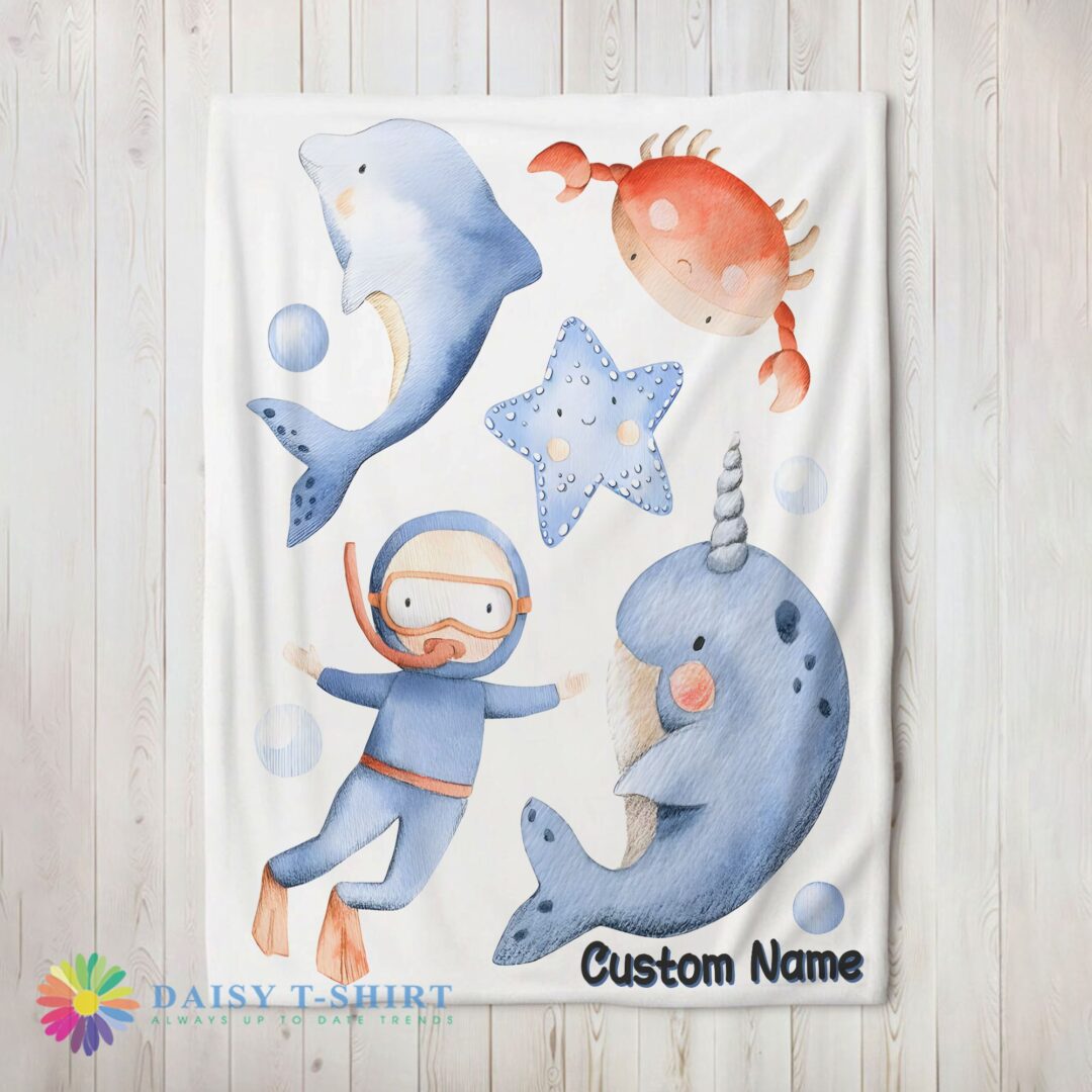 Awesome Official Sea's Treasures Narwhal Dolphin Crab Starfish Scuba Divers Blanket Fleece Customized Blanket-mk-01 (2)