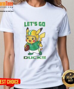 Awesome Oregon Ducks X Pikachu Let's Go Ladies Tee featuring vibrant graphics and a stylish design for fans.