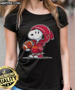 Alt Text: Snoopy wearing an Arizona Cardinals hoodie smiles at fans on a ladies' tee, showcasing awesome Peanuts design.