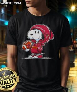 Alt Text: Snoopy in a hoodie supporting Arizona Cardinals, smiling at fans on an Awesome Peanuts T-shirt.