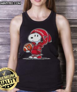 Alt Text: Snoopy in a hoodie smiles at fans, wearing an Atlanta Falcons tank top, showcasing awesome peanuts character style.