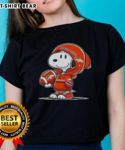 Snoopy in a Denver Broncos hoodie smiling at fans, featured on an awesome ladies tee.
