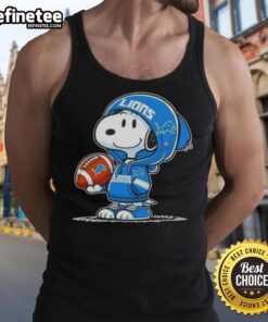 Alt Text: Snoopy in a Detroit Lions hoodie smiles at fans, featured on an Awesome Peanuts tank top design.