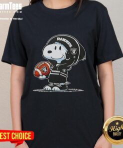 Snoopy in a hoodie smiles at fans, showcasing an Awesome Peanuts design for Las Vegas Raiders Ladies Tee.