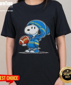 Snoopy in a hoodie smiling at fans, showcasing awesome Los Angeles Chargers spirit on a ladies tee.