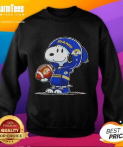 Awesome Peanuts Snoopy wearing a Los Angeles Rams hoodie, smiling at fans in a cozy sweatshirt.