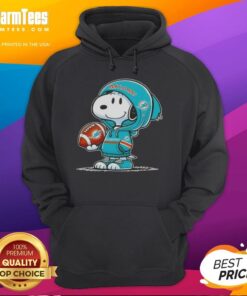 Snoopy in a Miami Dolphins hoodie, smiling at fans, showcasing awesome Peanuts character style and team spirit.