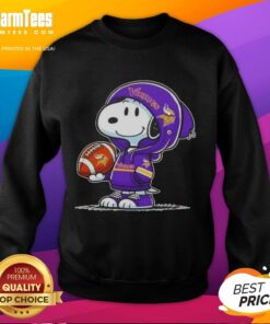 Snoopy wearing a Minnesota Vikings hoodie smiles at fans in an awesome peanuts sweatshirt.