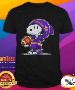 Awesome Peanuts Snoopy in a Minnesota Vikings hoodie, smiling at fans on a fun graphic t-shirt.