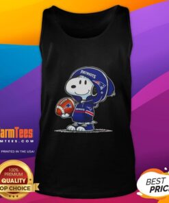 Snoopy wearing a New England Patriots hoodie smiles at fans on a tank top, showcasing awesome peanuts-themed design.