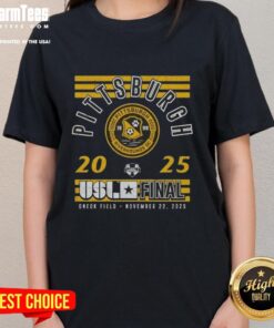 Awesome Pittsburgh Riverhounds SC 2025 USL Championship Final ladies tee featuring team colors and logo.