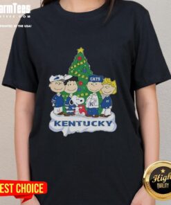 Awesome Snoopy and Fiends Kentucky Wildcats Christmas ladies tee featuring festive designs and team spirit.