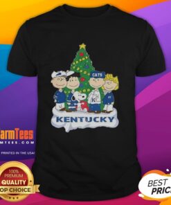 Alt Text: Awesome Snoopy and Friends Kentucky Wildcats Christmas T-Shirt featuring festive graphics and team colors.