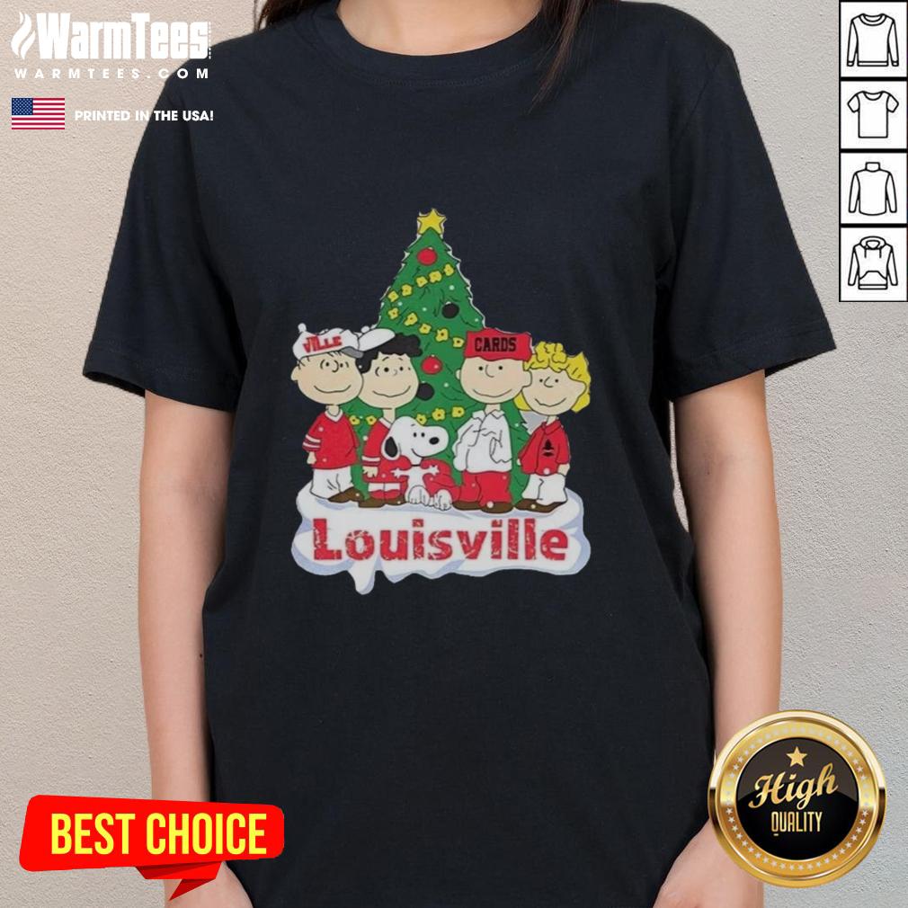 awesome-snoopy-and-fiends-louisville-cardinals-christmas-ladies-tee Awesome Snoopy and friends Louisville Cardinals Christmas ladies tee featuring festive design for holiday cheer.