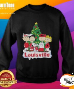 Alt Text: Awesome Snoopy and Fiends Louisville Cardinals Christmas sweatshirt featuring festive design and team colors.